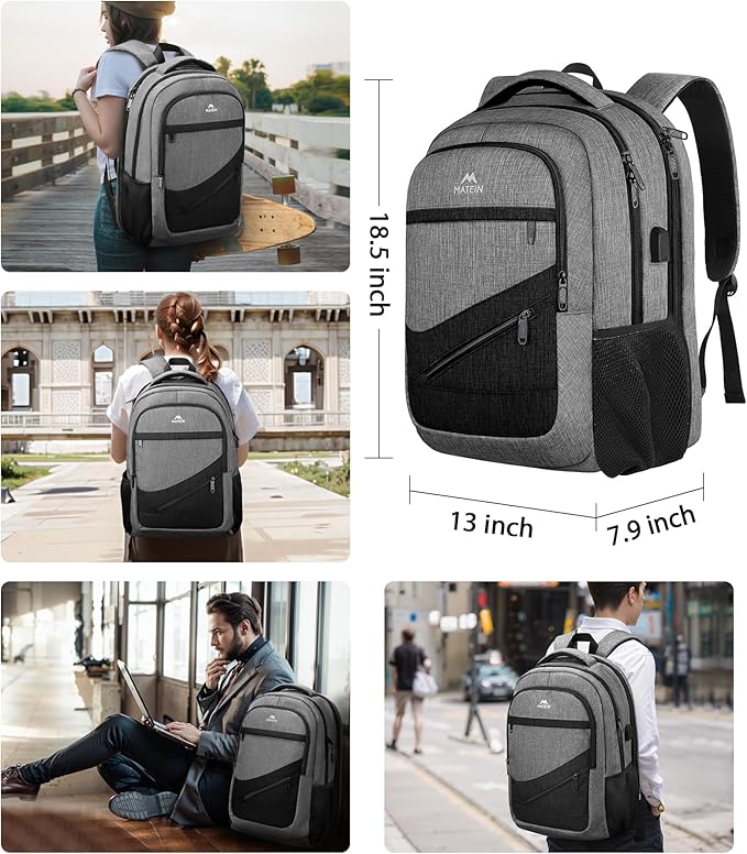 MATEIN 17 Inch Work Backpack for Men Women, Water Resistant Practical Travel Laptop Backpack with Trolley Sleeve, Casual College Daypack Laptop Compartment TSA Friendly, Grey Black