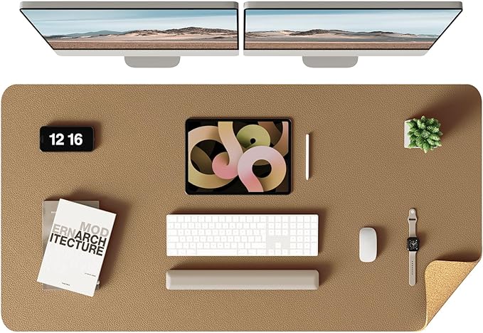 YSAGi Double-Sided Desk Mat, Eco Cork & Leather Desk Protector, Large Mouse Pad & Writing Pad for Office/Home (Khaki+Cork, 47.2" x 23.6")