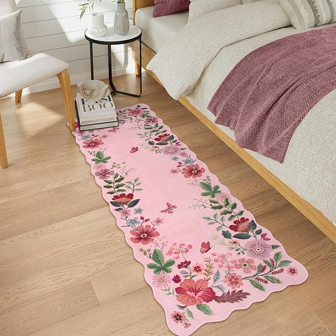 Lahome Floral Kitchen Runner, 2X6 Washable Runner Rug Non-Slip, Ultra-Thin Soft Hallway Rug Stain Resistant Boho Carpet for ‎Bedroom Laundry Bathroom, Pink