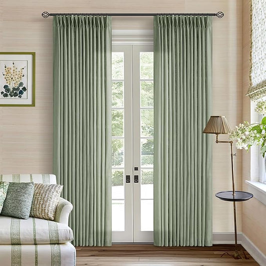 Sage Green Linen Curtains Pinch Pleated 84 Inches Long for Living Room Bedroom Pleat with Rings Back Tab Semi Sheer Curtains 84 Inch Length 2 Panels Set Light Filtering Farmhouse Drapes Light Green
