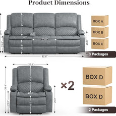 3 Seater Recliner Sofa Set with 2-Tier Cushion, 3+1+1 Pieces in Living Room, 3 Seater Reclining Couch Leather with Removable Console, 2 Oversize Recliner Chair Sofa Seat