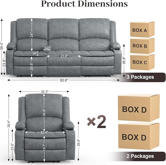 3 Seater Recliner Sofa Set with 2-Tier Cushion, 3+1+1 Pieces in Living Room, 3 Seater Reclining Couch Leather with Removable Console, 2 Oversize Recliner Chair Sofa Seat