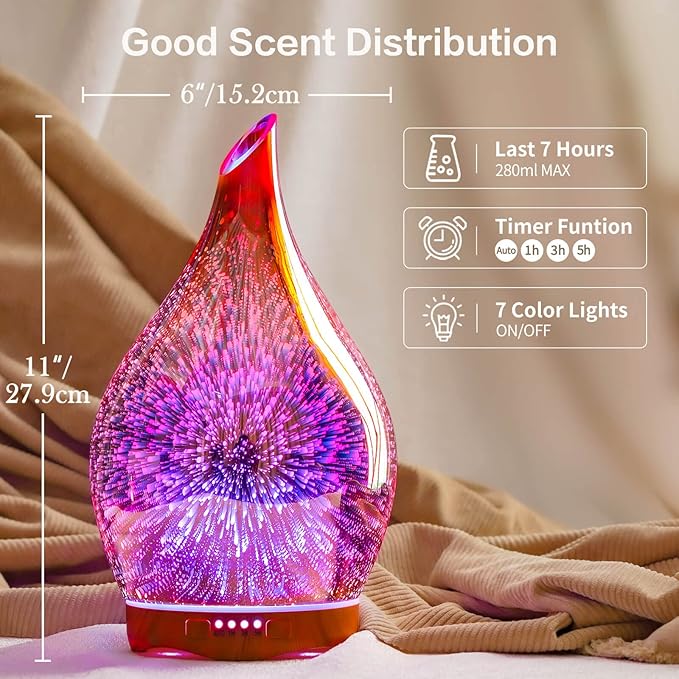 Porseme 280ml Essential Oil Diffuser 3D Hand-Blown Glass Aroma Diffusor, Aromatherapy Unltrasonic Cool Mist deffuser, 7 Color Changing Humidifier, Waterless Shut-Off, Timer Function for Home Office