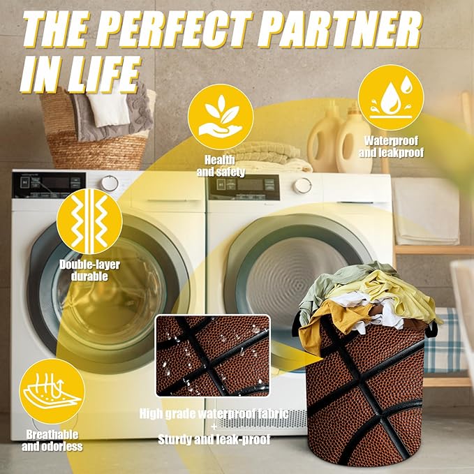 Basketball Texture Laundry Basket,Foldable Oxford Cloth Funny Tote Bag Laundry Hamper Clothes Storage Bucket Toy Organizer For Bathroom Laundry Storage Bedroom 18.9x16.5