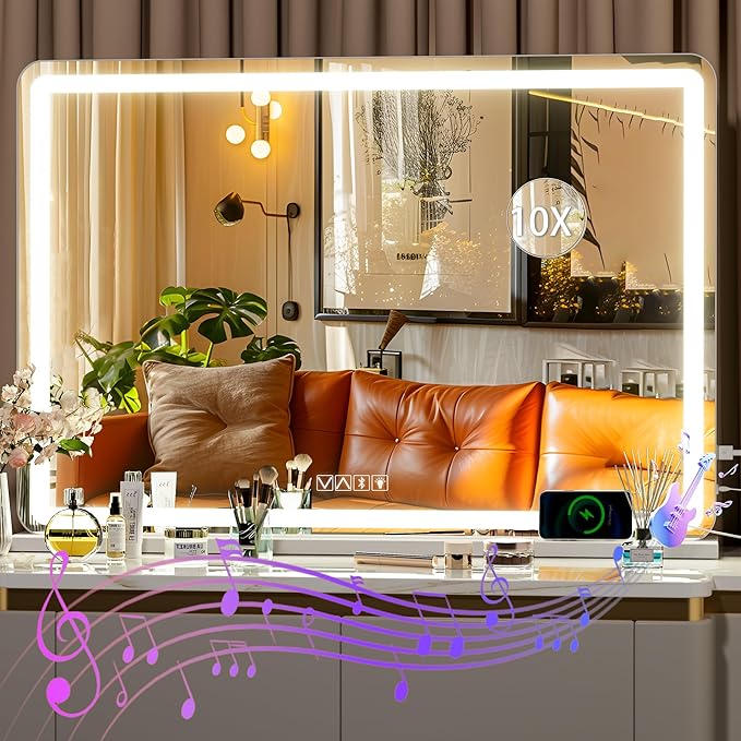 Hasipu Vanity Mirror with Lights and Bluetooth Speaker, 37.4" x 25.6" LED Makeup Mirror, Lighted Makeup Mirror with Dimmable 3 Modes, Touch Screen Control Vanity Mirror Round White