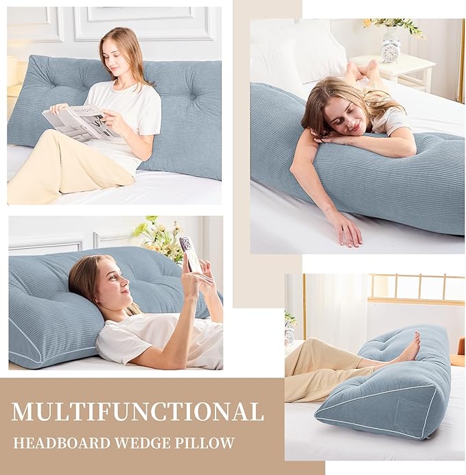 Sasttie Headboard Pillow Full, Wedge Pillow Headboard for Sitting Up in Bed, Back-Rest Support Triangular Cushion for Reading - Features Removable Washable Cover, Greyish Blue