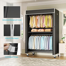 FUTASSI Black Clothing Rack with Black Cover, P1C Plus Rolling Closet with Wheels, Metal Garment Rack for Hanging Clothes, Clothing Storage Wardrobe, 46