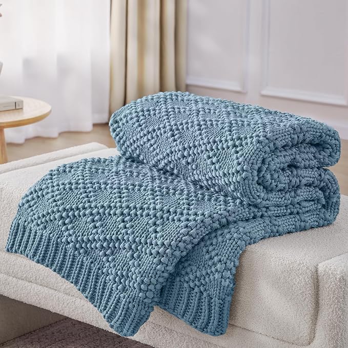 Knitted Weighted Blanket for Adult, Chunky Knit Weighted Throw for Sleep 36"*48" 5lbs, Cooling Breathable Heavy Blanket for Hot Sleepers, Machine Washable Blanket for Room Decor(HazeBlue)