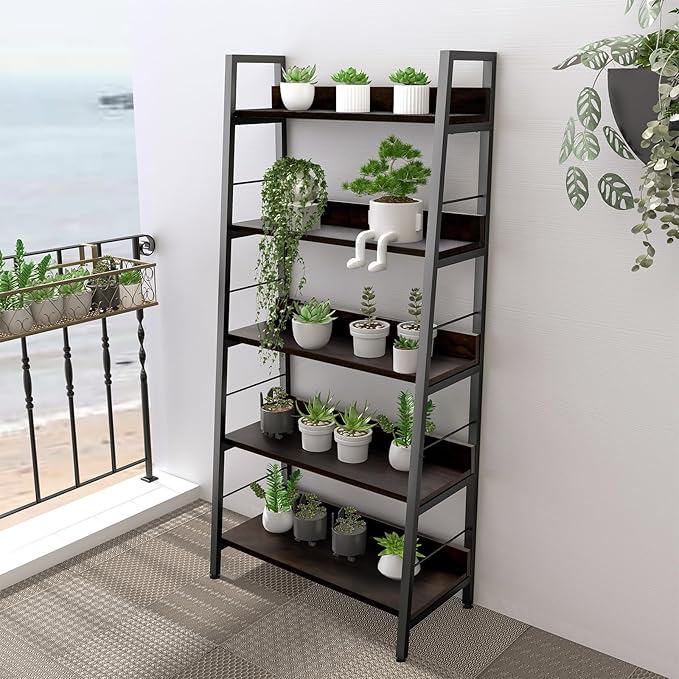 Himimi Industrial Ladder Shelf, Rustic 5 Tier Leaning Bookshelf, Wood Metal Ladder Bookcase, Plant Flower Stand Rack Book Storage Shelves for Living Room, Bedroom, Home Office