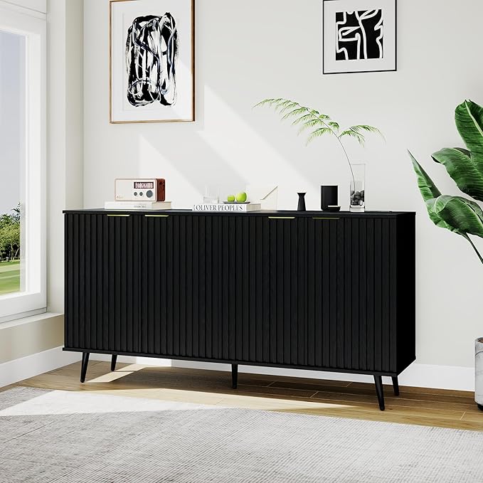 COCO DESIGN 61" Buffet Sideboard with Fluted Panel Doors, Power Outlet & Adjustable Shelves, Storage Cabinet with Metal Legs, Modern Farmhouse Console for Kitchen Dining Living Room Entryway, Black