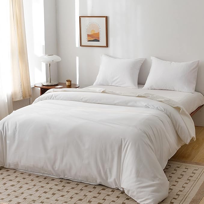 HeimenAogo Egyptian Cotton Duvet Cover King Size Sateen Weave, Silky Soft and Breathable Bedding Set with Zipper Closure, Long Staple Cotton Bed Linen Pure White 3Pcs (104"×90")