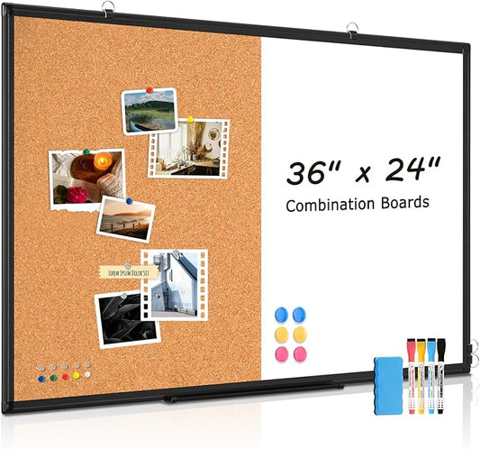 [24" x 36"] WALGLASS Dry Erase and Bulletin Boards Combo, Magnetic White Board Cork Board for Wall, Whiteboard & Corkboard Combination with Aluminum Frame, for Home, Classroom, Office