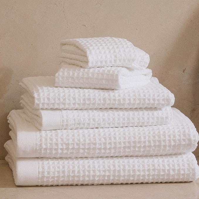 Italic Sedona Waffle Towel Set, 6-Piece 410 GSM 100% Cotton Set Includes 2 Bath Towels, 2 Hand Towels & 2 Washcloths, Quick-Drying, White