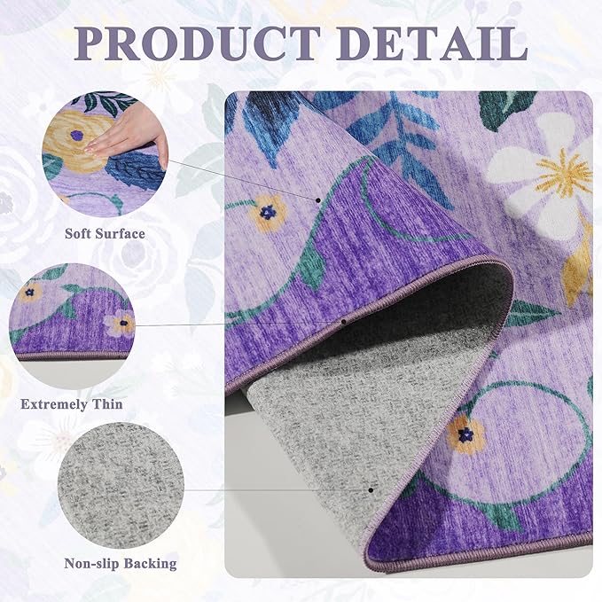 DUKINO 2x3 Rugs for Entryway, Floral Indoor Washable Door Mat, Non Slip Boho Small Rug for Kitchen, Soft Low Pile Front Door Throw Rug for Entrance, Bedroom, Kitchen, Laundry, Bathroom, Purple