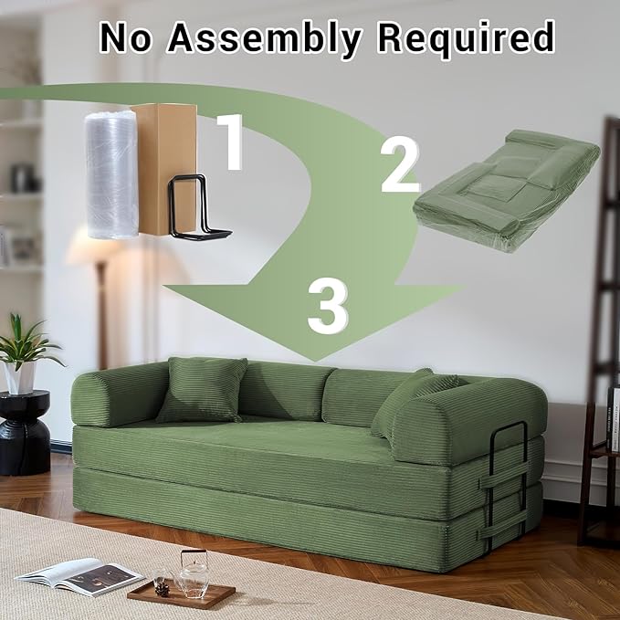 Compressed Sofa, Convertible Sofa Bed, Corduroy Compression Boneless Couch with Pillow, Comfy Modular Foldable Floor Sleeper Sofa for Bedroom, Living Room, Lounge, Studio (Olive Green)