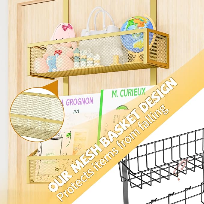 Over The Door Hooks Organizer, Coat Rack Over The Door Storage Hanger Towel Rack, Back of Storage Organizer for Bathroom,Bedroom,Kitchen,Office(Gold 3-Tier)