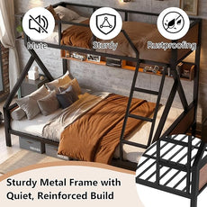 Bellemave Twin XL Over Queen Bunk Bed with Shelves, Metal Bunk Beds with Ladders and Lights, Heavy-Duty Bunkbed for Bedrooms, Guest Rooms and Dorms, No Box Spring Needed and Noise-Free Design, Black