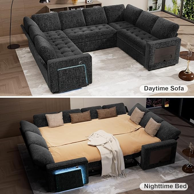WEUP 8 Seat U Shaped Sectional Sleeper Sofa Bed with Pull Out Bed, Chenille Sectional Sleeper Couch with Adjustable Backrest, USB Ports, LED, Side Table, Tool-Free Assembly, Chenille Black