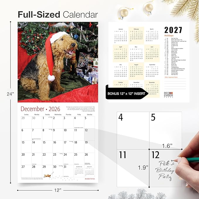 RED EMBER Airedale Terriers 2026 Wall Calendar 12 Month | 12" x 24" Open | Thick & Sturdy Paper | Holiday Gift | Cute Puppy Dog Calendar 2026