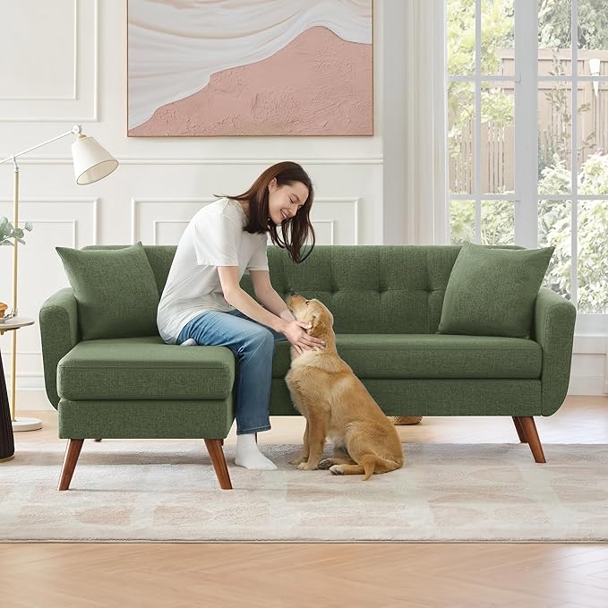 Tbfit L Shaped Couch Sofa, 80" W Mid-Century Modern Sectional Couches, 3 Seater Sofas with Wide Chaise Lounge, Button Tufted Upholstered Sectional Sofa for Living Room, Bedroom, Green