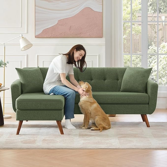 Tbfit L Shaped Couch Sofa, 80" W Mid-Century Modern Sectional Couches, 3 Seater Sofas with Wide Chaise Lounge, Button Tufted Upholstered Sectional Sofa for Living Room, Bedroom, Green