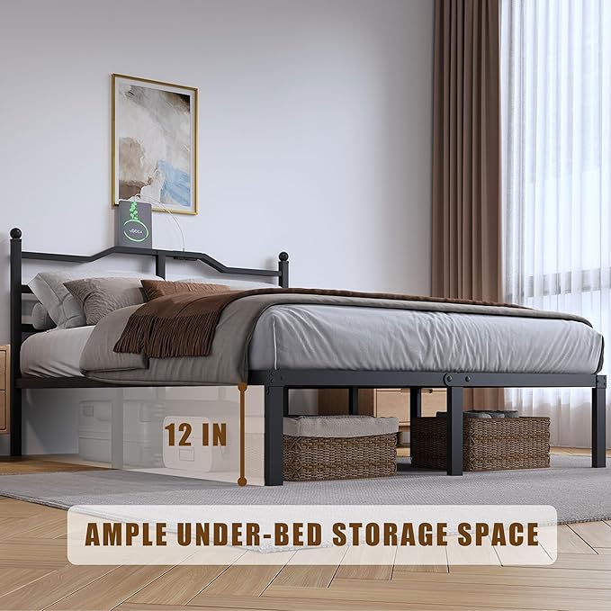 Bed Frame with Charging Station - 14 Inch Queen Size Heavy Duty Metal Bedframe with Headboard Black Basic Steel Slats Platform No Box Spring Needed