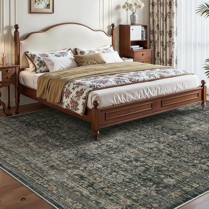 MontVoo-Vintage Area Rug 9X12 Green Rugs for Living Room-Soft Distressed Printed Rugs for Bedroom-Non Slip Carpet-Machine Washable Rug for Dining Room Living Room Bedside Office