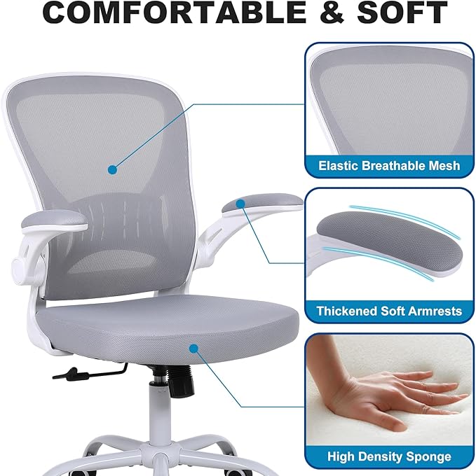 Youhauchair Mesh Office Chair, Ergonomic Home Office Desk Chairs with Flip-up Arms and Lumbar Support, Height Adjustable, Grey