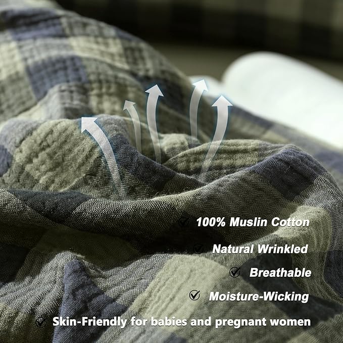 VM VOUGEMARKET Cotton Muslin Duvet Cover Queen Amy Green Plaid Bedding Set Soft Breathable Linen Like Gauze Comforter Cover with Zipper Closure for Teen Men,90"x90"