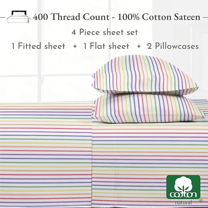 California Design Den Striped Queen Sheet Set - 400 Thread Count Sateen, Natural 100% Cotton Sheet Set Queen Size, Deep Pocket and Durable Bedding - Rainbow Striped