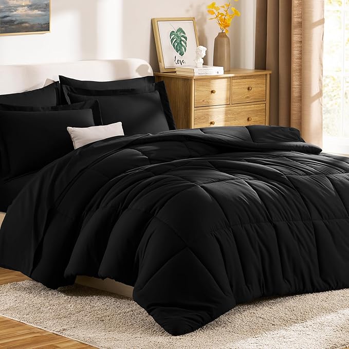 CozyLux Full Size Comforter Sets Black - 7 Pieces Bed in a Bag Full, Oeko-Tex Certified Bed Set, All Season Soft Bedding Set with Down Alternative Comforter, Sheets, Pillowcases & Pillow Shams