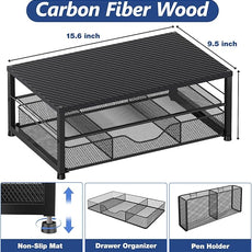 OPNICE Desk Organizer and Accessories, 2-Tier Computer Monitor Stand with Drawer and 2 Pen Holders, Laptop Stand, Office Desk Accessories for Office Supplies, Carbon Fiber
