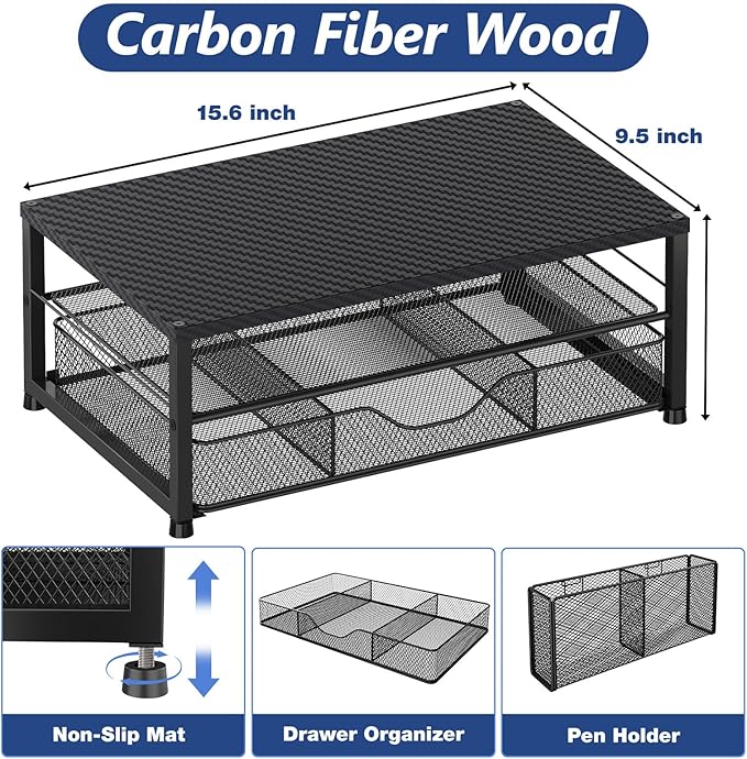 OPNICE Desk Organizer and Accessories, 2-Tier Computer Monitor Stand with Drawer and 2 Pen Holders, Laptop Stand, Office Desk Accessories for Office Supplies, Carbon Fiber