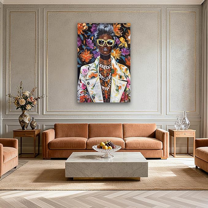 YETHEN WAL Afrocentric Canvas Wall Art – Black Woman Portrait Floral Wall Decor, Chic Modern Art Prints for Living Room, Bedroom, Office Decor, 32×48 Inch