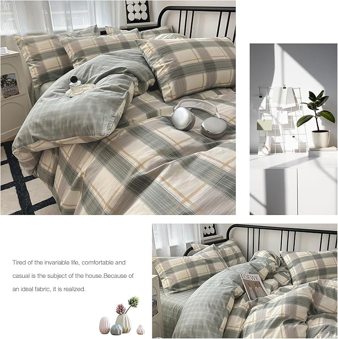 VM VOUGEMARKET Plaid Bedding Set King 100% Cotton Green Grid Duvet Cover Set,Modern Men Boy's Comforter Cover with Zipper Closure-King