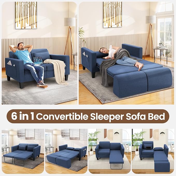 SEJOV 6-in-1 Convertible Sofa Bed, 58" Loveseat Sleeper Sofas with Pull Out Couch Bed, Removable Backrest, Storage Pockets and 2 Pillows, Modern Folding Linen Futon Couch for Small Spaces, Blue