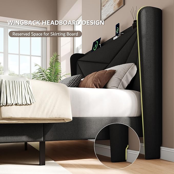 iPormis Queen Size Bed Frame with Charging Station, Linen Platform Bed Frame with Wingback Headboard Upholstered Bedframe, Solid Wood Slats Support, No Box Spring Needed, Easy Assembly, Black