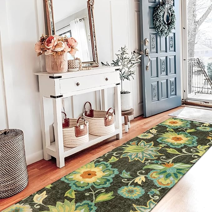 Lahome Floral 2x6 Hallway Runner Rug - Non Skid Washable Kitchen Runner Rugs, Low-Plie Green Paisley Print Carpet for Entryway Bedroom Living Room