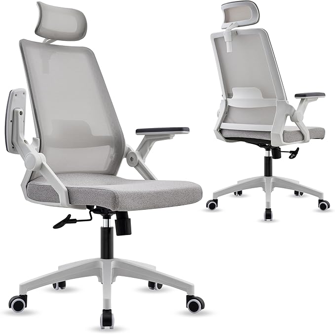 Ergonomic Mesh Office Chair with Dynamic Lumbar Support & Adjustable Headrest, Home Office Desk Chair with 90° Swivel Flip-Up Arms, Grey - Tilt Lock, Height Adjustable, 350 lbs Capacity