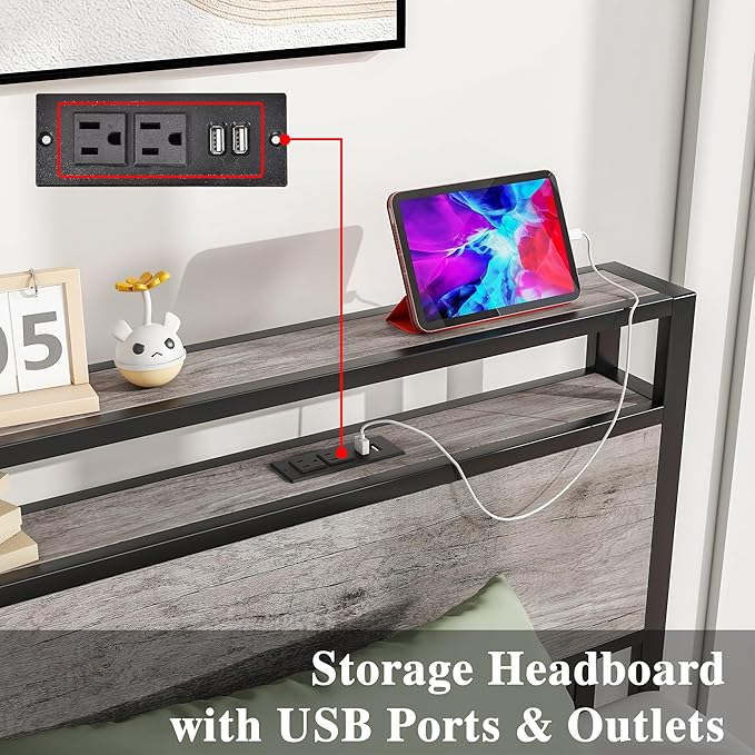 HOJINLINERO Twin Bed Frame with Storage Headboard and Charging Station, Twin Size, Heavy Duty Metal Slats, No Box Spring Needed, Dark Grey