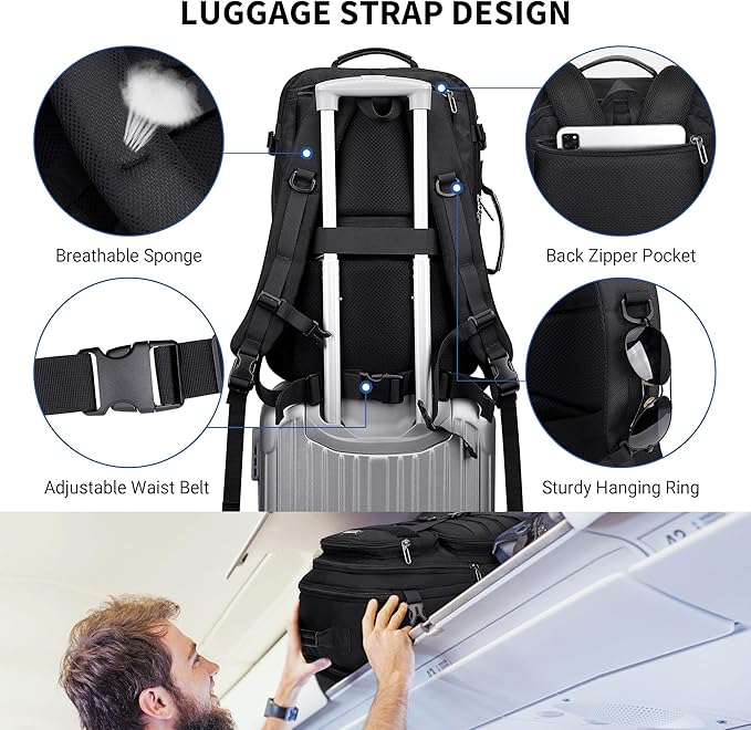 WITZMAN Carry On Travel Backpack for Men Large Convertible 45L Fit 17 Inch Laptop Backpack 3 in 1 Bag for Airline Approved(B688 Black)