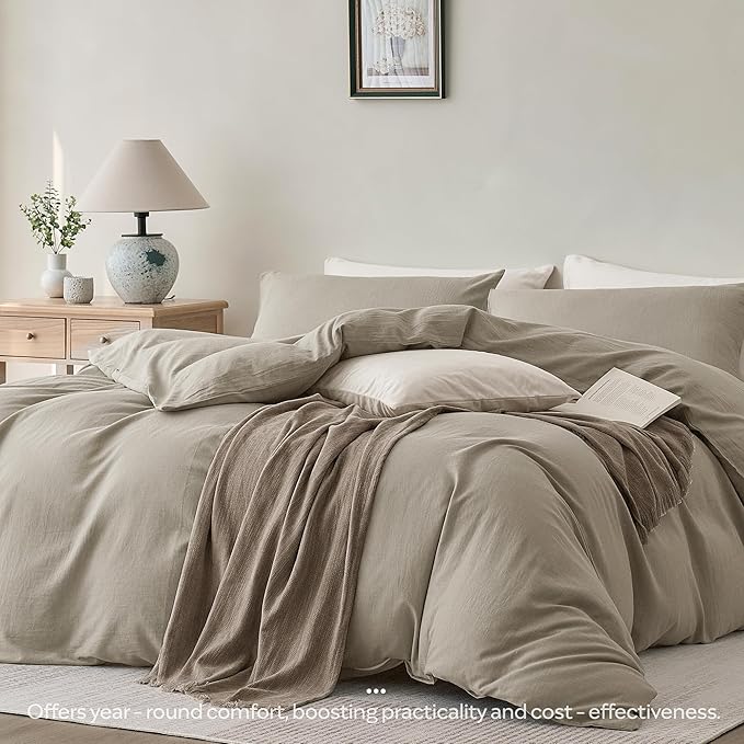 JELLYMONI Washed Cotton Duvet Cover Set Queen Size, Taupe - Super Soft & Breathable Bedding Comforter Cover with Zipper, for Modern Home, Guest Room, and Everyday Use,1 Duvet Cover & 2 Pillowcases