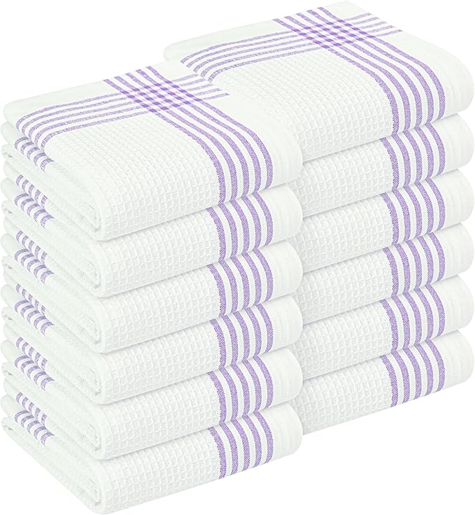 Lavender and White Kitchen Towels 12 Pack, 16x26 Inch, 100% Cotton Waffle Weave, Super Absorbent, Quick Dry, Soft & Durable Dish Towels for Drying, Cooking, Cleaning Tasks