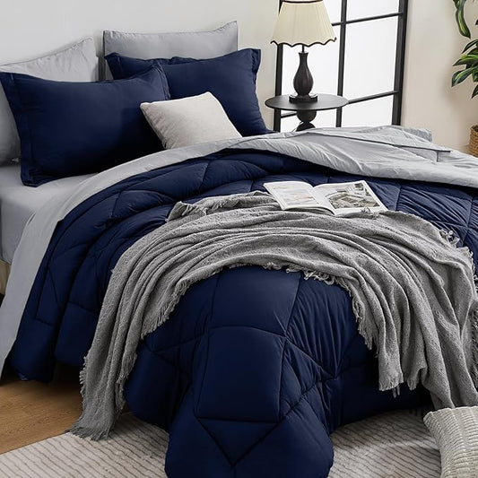HEVUMYI Twin-XL Comforter Set - 5-Piece All Season Bed in a Bag Twin-XL, Ultra Soft Bedding Set with Comforter, Flat Sheet, Fitted Sheet, Pillowcases, Pillow Shams, Navy Blue & Light Grey