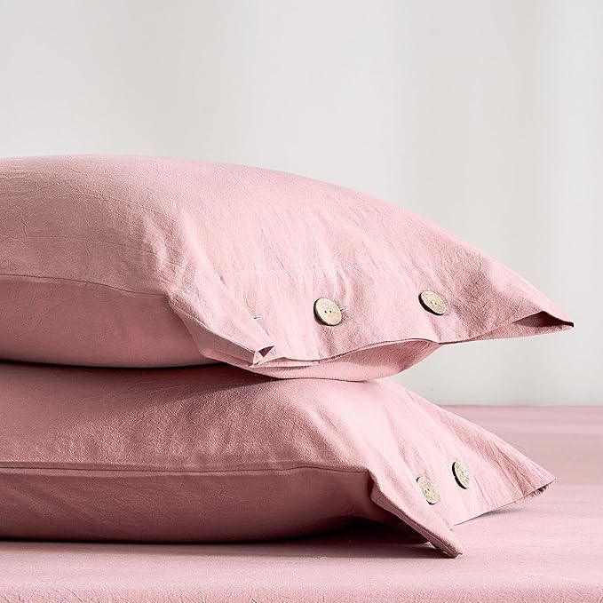 JELLYMONI 100% Washed Cotton Standard Pillowcases Set, 2 Pack Linen-Like Texture Breathable Pillow Covers with Button Closure,Darker Rose Standard 20"×26"(Pillows are not Included)