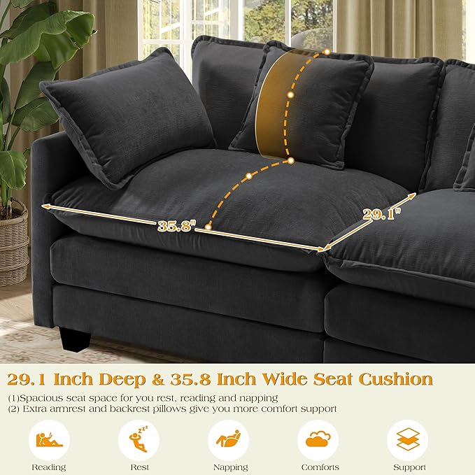 113.4" Modular Sectional Sofa,Cloud Couch for Living Room, Modern Deep Seat Sofa 3 Seater Chenille Fabric Comfy Couches with Throw Pillows for Apartment