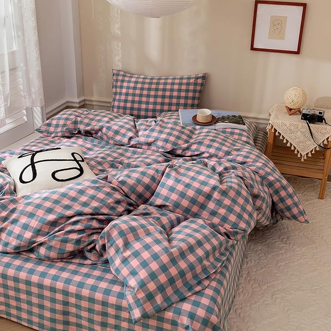 VM VOUGEMARKET 3 Pieces Gingham Duvet Cover Set King Washed Cotton Pink Purple Blue Plaid Checkered Printed Comforter Cover with Zipper Soft Lightweight & Breathable Quilt Cover Set
