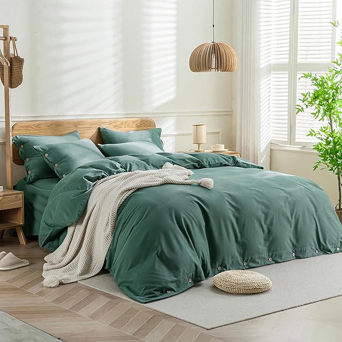 JELLYMONI Cotton Duvet Cover King Size - Dark Green Comforter Cover with Button 100% Washed Cotton 3PCS Breathable Soft Solid Bedding Set Duvet Cover 104×90in & 2 Pillowcases (NO Comforter)