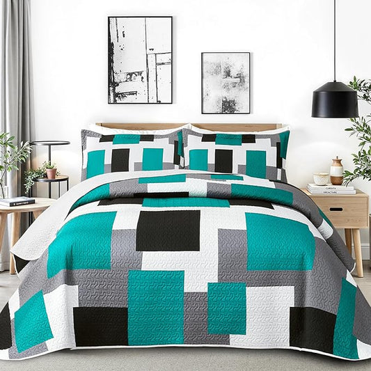 2 Piece Teal/Turquoise Grey Quilt Set Twin Size Black White Geometric Reversible Bedding Set Microfiber Lightweight Bedspread Coverlet with 1 Sham Modern Bed Covers for All Season, 68''x86''