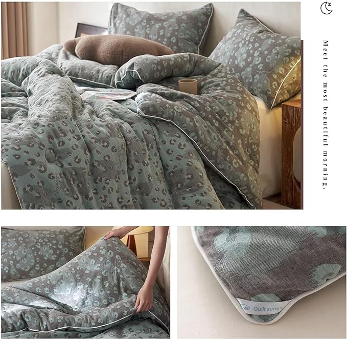 MKXI Double Layer Muslin Cotton Comforter Set King Size Leopard Print Shabby Chic Bedding Comforter Set Soft Breathable Grey and Green Floral Animal Cheetah Lightweight Bed Comforter for All Season